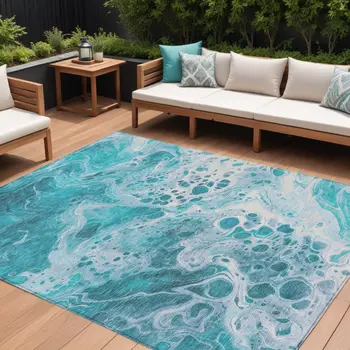 8' X 10' Teal Blue And Ivory Abstract Washable Indoor Outdoor Area Rug