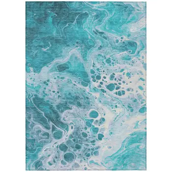 9' X 12' Teal Blue And Ivory Abstract Washable Indoor Outdoor Area Rug