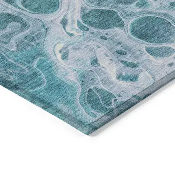 9' X 12' Teal Blue And Ivory Abstract Washable Indoor Outdoor Area Rug