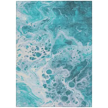 9' X 12' Teal Blue And Ivory Abstract Washable Indoor Outdoor Area Rug