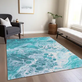 9' X 12' Teal Blue And Ivory Abstract Washable Indoor Outdoor Area Rug