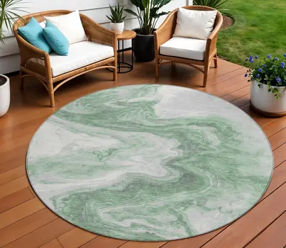 8' Green And Silver Round Abstract Washable Indoor Outdoor Area Rug