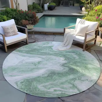 8' Green And Silver Round Abstract Washable Indoor Outdoor Area Rug