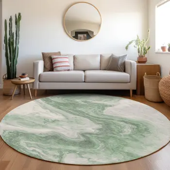 8' Green And Silver Round Abstract Washable Indoor Outdoor Area Rug
