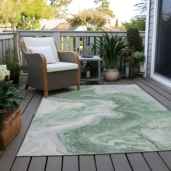 8' X 10' Green And Silver Abstract Washable Indoor Outdoor Area Rug
