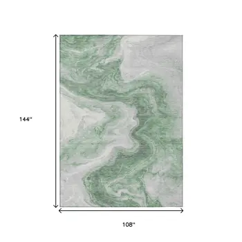 9' X 12' Green And Silver Abstract Washable Indoor Outdoor Area Rug