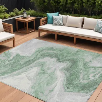 10' X 14' Green And Silver Abstract Washable Indoor Outdoor Area Rug
