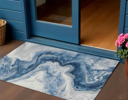 3' X 5' Navy Blue And Silver Abstract Washable Indoor Outdoor Area Rug