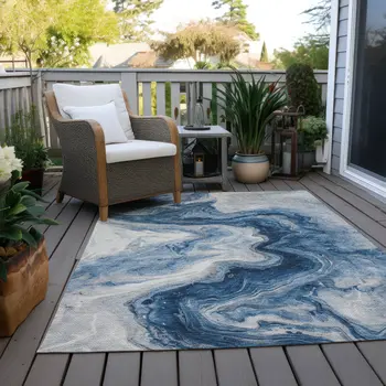 3' X 5' Navy Blue And Silver Abstract Washable Indoor Outdoor Area Rug