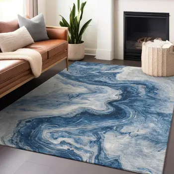 3' X 5' Navy Blue And Silver Abstract Washable Indoor Outdoor Area Rug