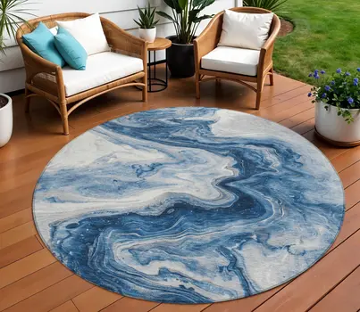 8' Navy Blue And Silver Round Abstract Washable Indoor Outdoor Area Rug