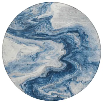 8' Navy Blue And Silver Round Abstract Washable Indoor Outdoor Area Rug