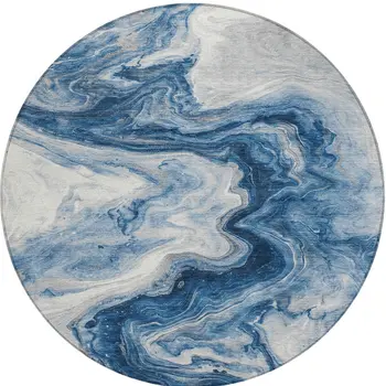 8' Navy Blue And Silver Round Abstract Washable Indoor Outdoor Area Rug