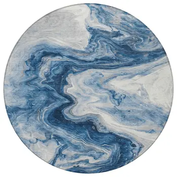 8' Navy Blue And Silver Round Abstract Washable Indoor Outdoor Area Rug