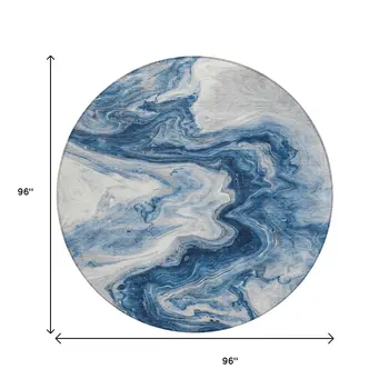 8' Navy Blue And Silver Round Abstract Washable Indoor Outdoor Area Rug