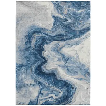 8' X 10' Navy Blue And Silver Abstract Washable Indoor Outdoor Area Rug