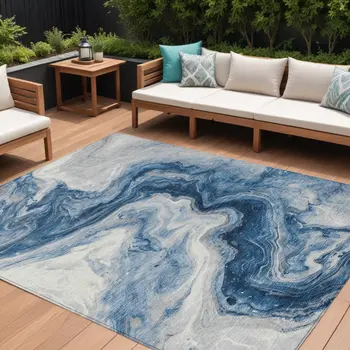 8' X 10' Navy Blue And Silver Abstract Washable Indoor Outdoor Area Rug