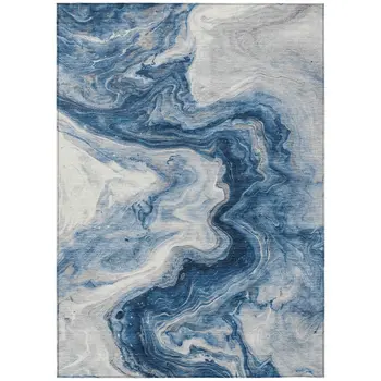 9' X 12' Navy Blue And Silver Abstract Washable Indoor Outdoor Area Rug
