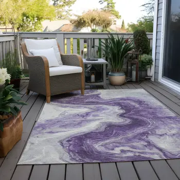 3' X 5' Purple And Silver Abstract Washable Indoor Outdoor Area Rug