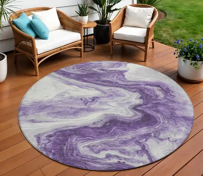 8' Purple And Silver Round Abstract Washable Indoor Outdoor Area Rug