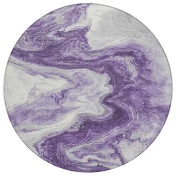 8' Purple And Silver Round Abstract Washable Indoor Outdoor Area Rug