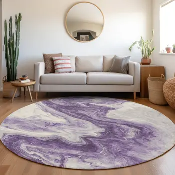 8' Purple And Silver Round Abstract Washable Indoor Outdoor Area Rug