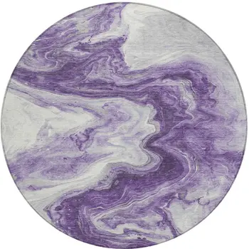 8' Purple And Silver Round Abstract Washable Indoor Outdoor Area Rug