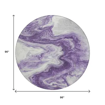 8' Purple And Silver Round Abstract Washable Indoor Outdoor Area Rug