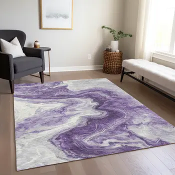 8' X 10' Purple And Silver Abstract Washable Indoor Outdoor Area Rug