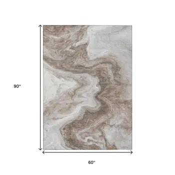 5' X 8' Taupe And Silver Abstract Washable Indoor Outdoor Area Rug
