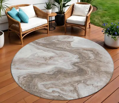8' Taupe And Silver Round Abstract Washable Indoor Outdoor Area Rug