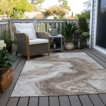 8' X 10' Taupe And Silver Abstract Washable Indoor Outdoor Area Rug