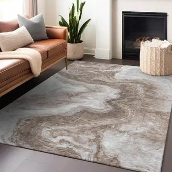 8' X 10' Taupe And Silver Abstract Washable Indoor Outdoor Area Rug