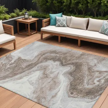 10' X 14' Taupe And Silver Abstract Washable Indoor Outdoor Area Rug