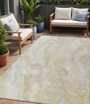 5' X 8' Beige And Silver Abstract Washable Indoor Outdoor Area Rug