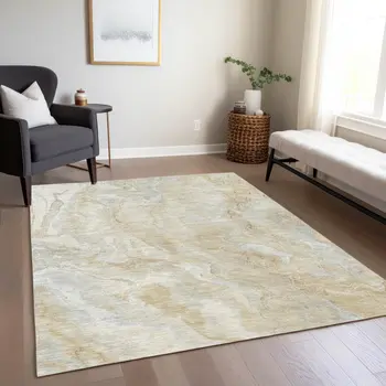 5' X 8' Beige And Silver Abstract Washable Indoor Outdoor Area Rug