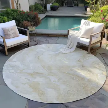 8' Beige And Silver Round Abstract Washable Indoor Outdoor Area Rug