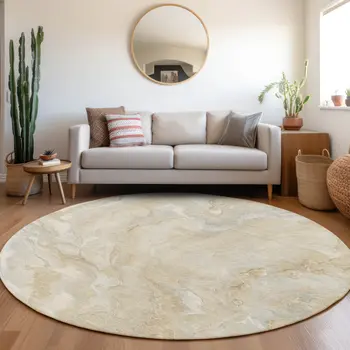 8' Beige And Silver Round Abstract Washable Indoor Outdoor Area Rug
