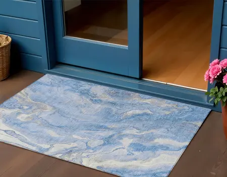 3' X 5' Blue And Silver Abstract Washable Indoor Outdoor Area Rug