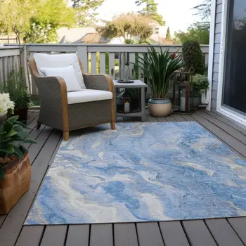 3' X 5' Blue And Silver Abstract Washable Indoor Outdoor Area Rug