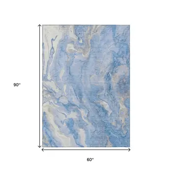 5' X 8' Blue And Silver Abstract Washable Indoor Outdoor Area Rug