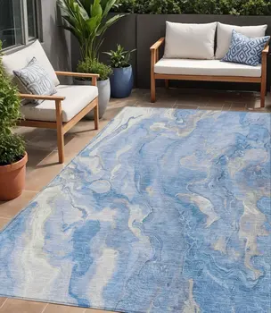 5' X 8' Blue And Silver Abstract Washable Indoor Outdoor Area Rug