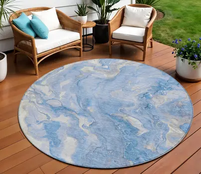 8' Blue And Silver Round Abstract Washable Indoor Outdoor Area Rug