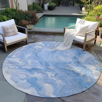 8' Blue And Silver Round Abstract Washable Indoor Outdoor Area Rug