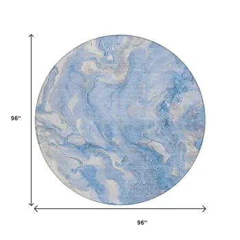 8' Blue And Silver Round Abstract Washable Indoor Outdoor Area Rug