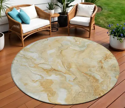 8' Gold And Silver Round Abstract Washable Indoor Outdoor Area Rug