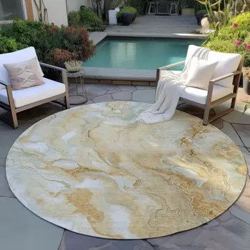8' Gold And Silver Round Abstract Washable Indoor Outdoor Area Rug