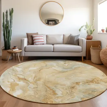 8' Gold And Silver Round Abstract Washable Indoor Outdoor Area Rug