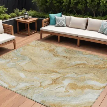 10' X 14' Gold And Silver Abstract Washable Indoor Outdoor Area Rug
