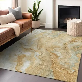 10' X 14' Gold And Silver Abstract Washable Indoor Outdoor Area Rug